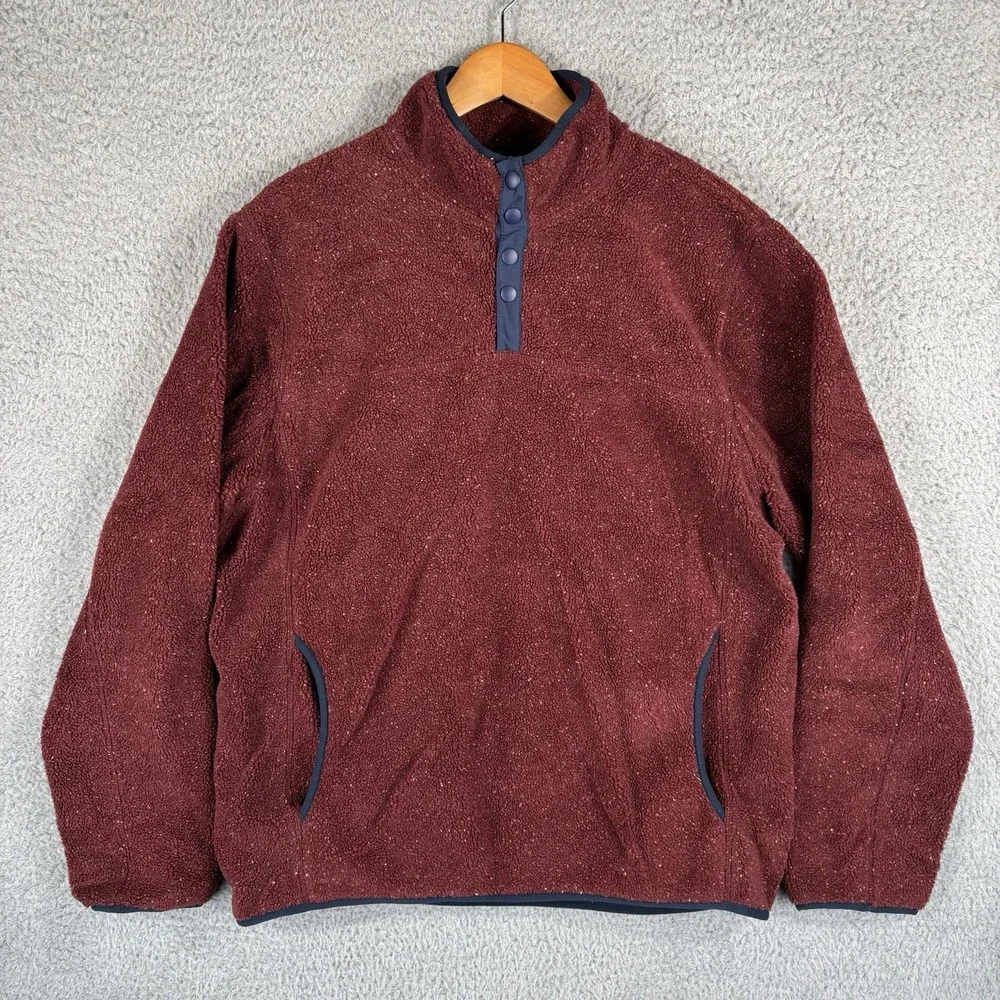 J Crew Sweater Mens Large Burgundy Nordic Sherpa Fleece T Snap Pullover AQ009